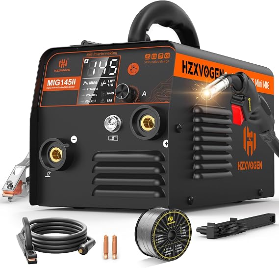 H HZXVOGEN MIG145II 145A Gasless Wire Welder, 3 in 1 MIG/ARC/Lift TIG, Synchronized Forward, IGBT Inverter, LED Display, Compact for Beginners and Hobbies