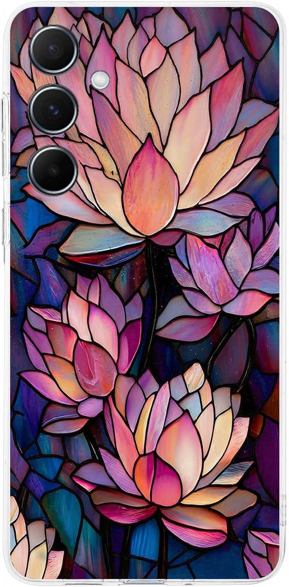 PrintiFy Samsung Galaxy A55 ile Uyumlu Vitray Sessiz Lotus Tasarımlı Şeffaf Silikon Kılıf