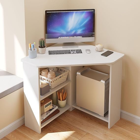 Corner Computer Desk, 90 Degrees Triangle Desk with Shelves & Cpu Stand, Home Office Writing Desk Workstation Vanity Makeup Desk with Storage for Small Spaces(57x57x74cm(22x22x29inch), White)