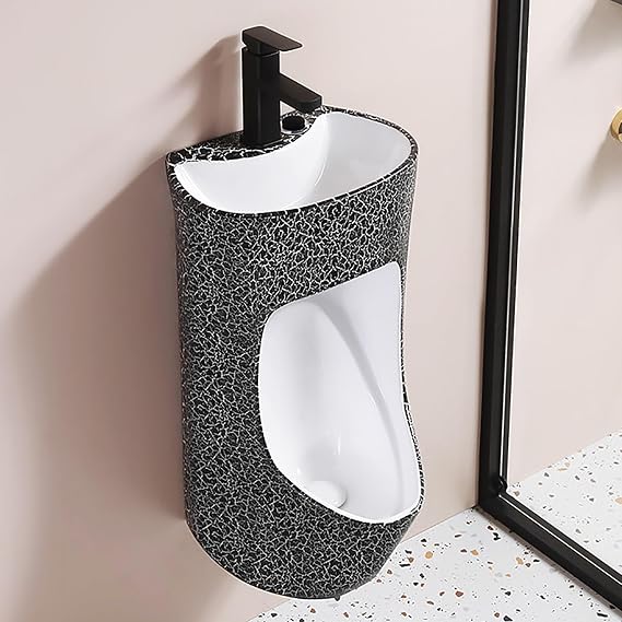 Wall Mounted Ceramic Urinal for Men with Sink, Intelligent Sensor & Manual Dual Flush, 2-in-1 Water-Saving Male Urinal with Faucet for Commercial, Home, Garage, Hotel(Black)