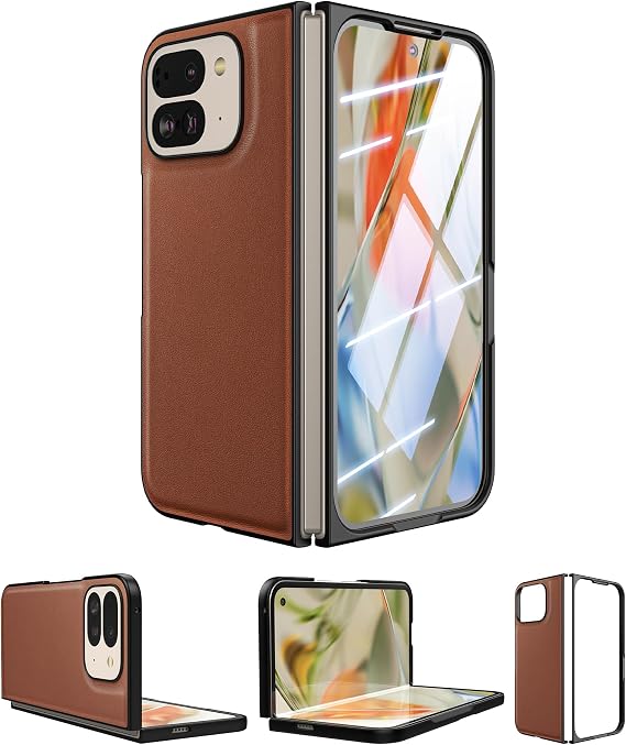 スリムレザーケース Pixel 9 Pro Fold2024用、スクリーンプロテクター内蔵 ワイヤレス充電対応、超薄型耐衝撃保護ケースカバー Google Pixel 9 Pro Fold用、ブラウン