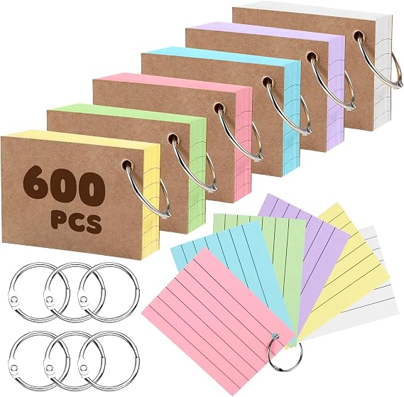Flashcards A8 Ruled, Multi-Coloured Study Cards with Binder Ring, Premium Quality Cards for School Supplies Office Home