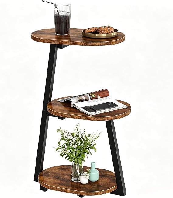 HOOBRO Side Table, Small Coffee Table with Storage Shelves, 3-Tier Oval Sofa Table Bedside Table for Small Space, Round Layered Nightstand with Leveling Feet, Rustic Brown and Black EBF346BZ01
