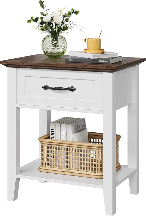 Zstar Set of 2 Grey Nightstands, End Table with Drawer and 2 Tiers Storage Shelves, Bedside Table for Living Room, Bedroom & Dorm, Side Table with Dresser