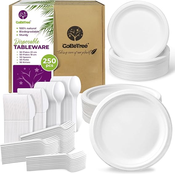 Disposable Tableware 50 People Eco-Friendly with Biodegradable Sugarcane Plates and Reusable Plastic Cutlery | 250 Pieces Durable for Parties and Barbecues