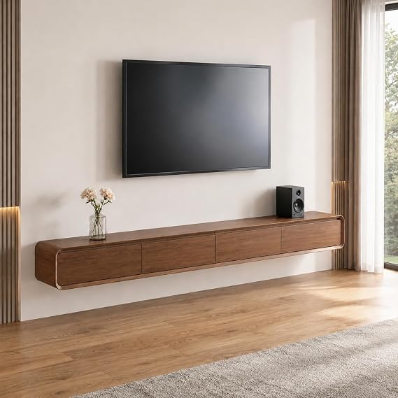 Floating TV Stand Unit - Wall Mounted TV Cabinet with Upgraded Storage & Rounded Edges, Modern TV Media Console with 2 Flip-Down Cabinet Doors 2 Drawers (Walnut, 200cm)