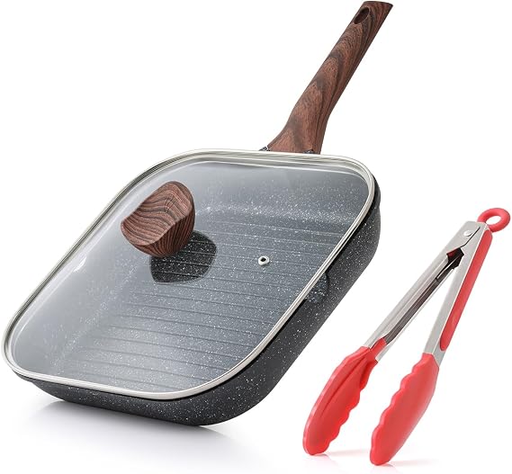 Kordisen Nonstick Skillet with Lid for Stovetops, 9.5 Inch Square Skillet for Indoor Cooking, Granite Coated Skillet with Pour Spouts, Versatile Griddle