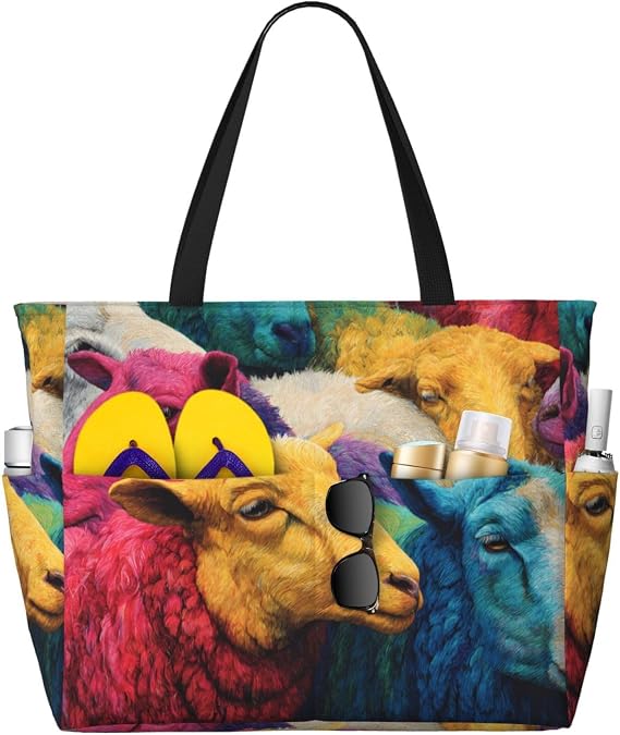 Multiple Colorful Sheep Large Capacity Beach Travel Tote Bag with Zipper for Summer Outdoor Use Stylish Durable