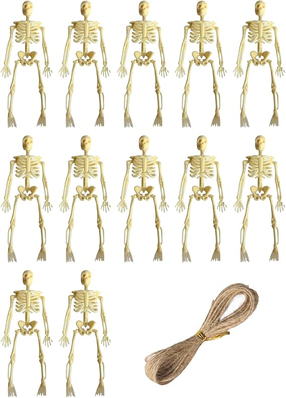 12PCS Halloween Mini Skeletons, White Plastic Skeletons, Haunted House Prop Decor