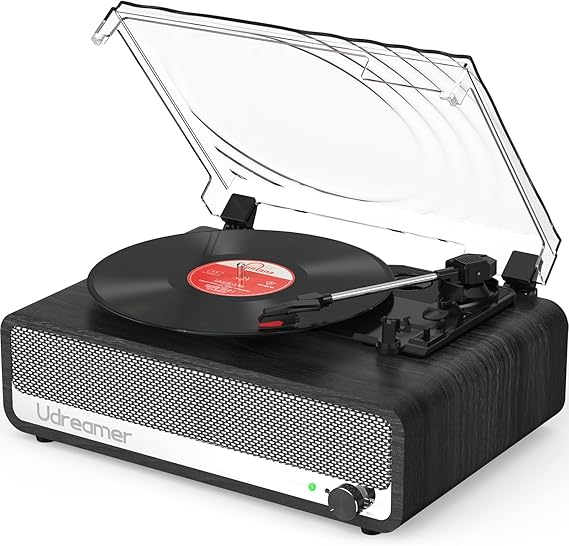Udreamer Record Player with Speaker Bluetooth Turntable Vintage Vinyl Player Support USB AUX-in Headphone RCA Line-Out 3 Speed Belt-Driven Auto-Stop Mirror Design Black