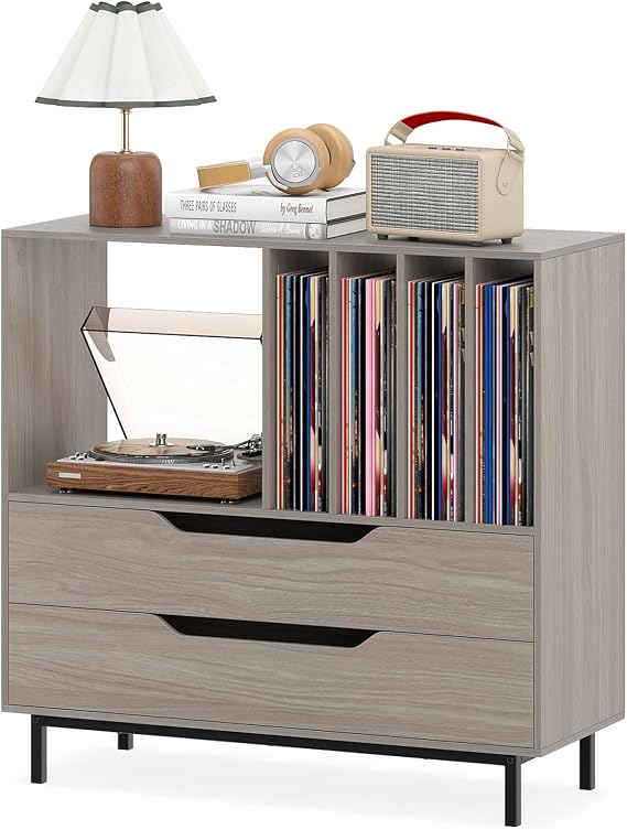 COSTWAY Record Player Stand, Wooden Turntable Stand End Sofa Side Table with 5 Open Display Shelves and 2 Drawers, Metal Legs Vinyl Record Storage Cabinet Holder for Living Room Bedroom (Grey)