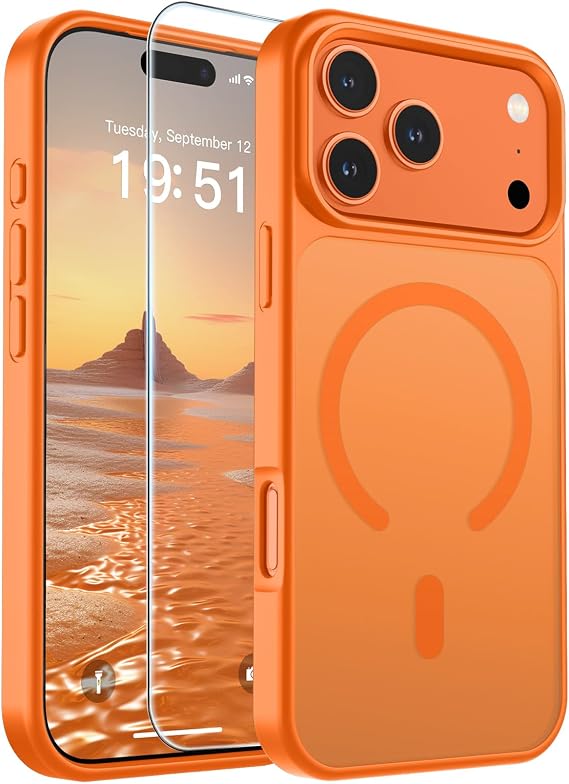SUPFINE iPhone 17 Pro Max için Manyetik Kılıf (MagSafe ile Uyumlu) (Askeri Sınıf Düşme Koruması) Yarı Saydam Mat Darbeye Dayanıklı Telefon Kılıfı, Yıldızlı Turuncu