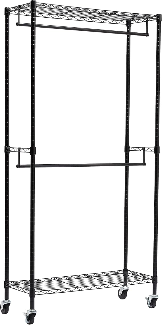 Amazon Basics Double Bar Clothes Rack with Wheels, Black 36" x 14" x 72" (L x W x H)