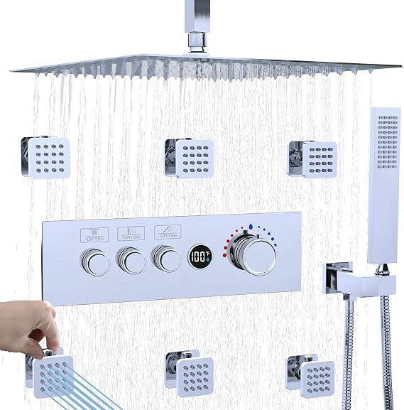 Temperature-Display Shower System with Body Jets, 16 Inch Rainfall Shower with Push-button Thermostatic Valve and Independent Flow Control, Chrome