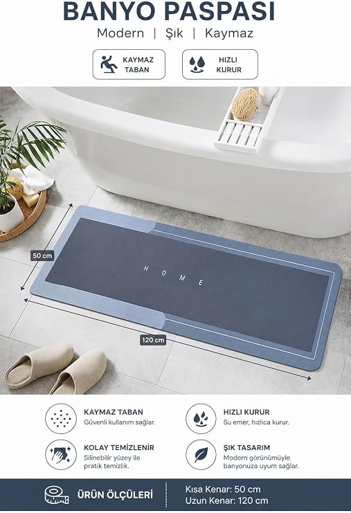 Banyo Paspası-Kaymaz Tabanlı-Süper Emici Banyo Paspası-Abdest Paspası-Uzun Mavi 50 * 120 (Mavi)