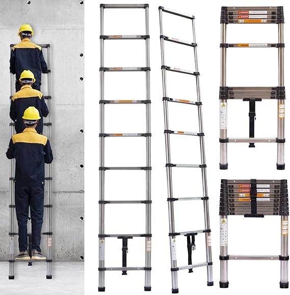 2.6M Telescopic Ladder Multi-Purpose Step Ladders Extendable Telescoping Ladder Extension Extend Portable Folding Loft Ladder Foldable Attic Ladder for Outdoor Indoor DIY RV Work,330lbs Capacity