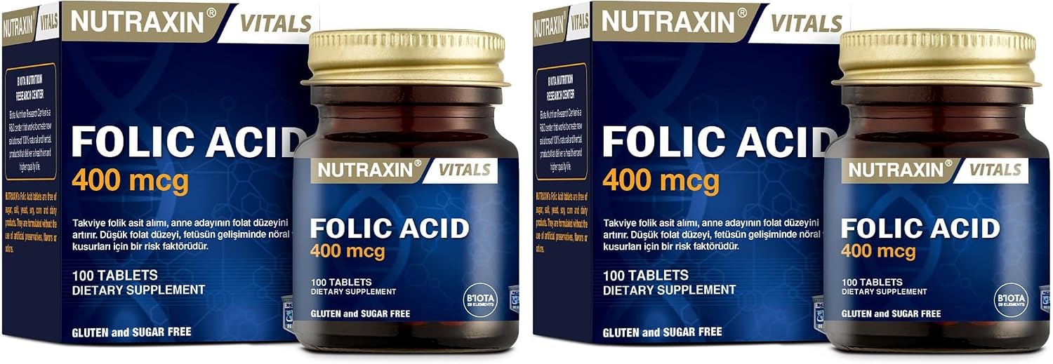 Nutraxin Vitals Folic Acid 400 mcg 100 Tablet Takviye Edici Gıda (2 paketi)