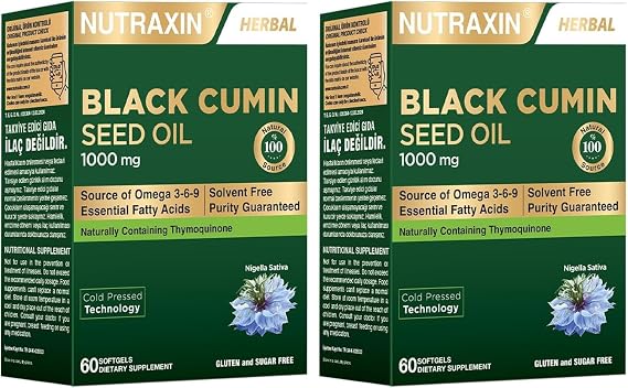 Nutraxin Black Cumin Seed Oil – Soğuk Sıkım Çörek Otu Yağı, 1000 mg, 60 Yumuşak Kapsül – Helal Sertifikalı Takviye Edici Gıda (2 paketi)