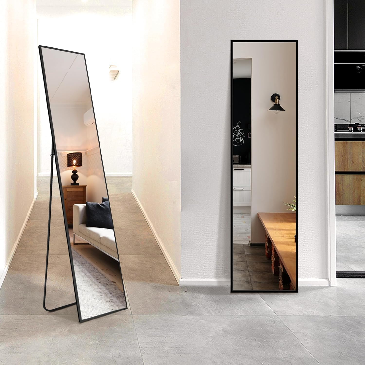 Mirror, Full Body Mirror, Wall Mounted Mirror, Stand Mirror, 2-Way Wall Hanging, Slim, Space Saving, Full Body Display, Wide View, Ideal for Trying on Styles, Shatterproof Black