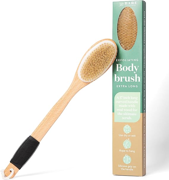 Bare Botanics 17" Shower Exfoliating Back Scrubber | Medium Firm Dry Brushing Body Brush with Silicone Grip & Hang Rope | Dry Brush Exfoliator Back Washer Bath Tool for Men and Women, Back Brush