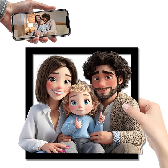 Personalized Cartoon Style 3D Photo Wooden Photo Frame Sign Custom Cartoon Portrait Gift Caricature Picture Frame Gifts for Wedding Family Anniversary Christmas Couple Birthday Wall Art Decor