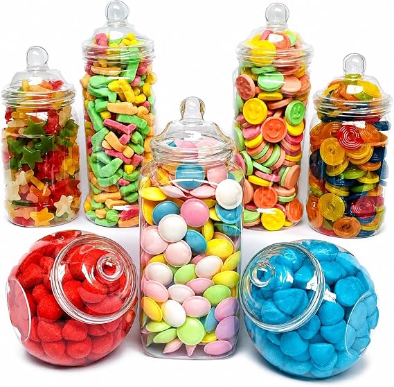 Truly Sweet Candy 7 Large Plastic Sweet Jars for Retro Victorian Sweet Shop Pick n Mix Candy Buffet, Party, Celebration