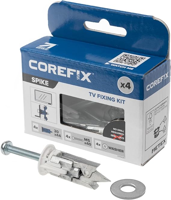 Corefix Spike TV Mounting Kit 4 Pack - Heavy Duty Plasterboard Fixings for TV Wall Mount & TV Wall Bracket. Easy To Install With NO Drill Required Suitable For Stud, Dot & Dab, Insulated Plasterboard