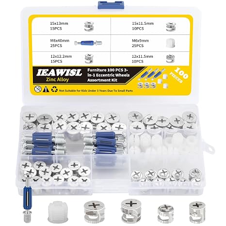 100 PCS Cam Lock Set for Furniture, 4 Sizes Connector Fittings | 12x12.2, 12x11.5, 15x13, 15x11.5, Bolts and cross dowels included, For cabinet, wardrobe, drawer and bed repair, Anti-rust