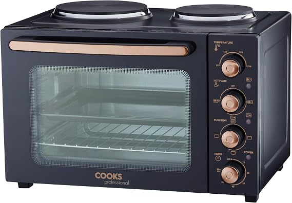 Cooks Professional Mini Portable Oven with Hobs | Energy Efficient Electric Countertop Cooker with Two Hot Plate Hobs & Wire Rack Baking Tray | Kitchen Table Ovens | 34L Capacity | Black and Copper