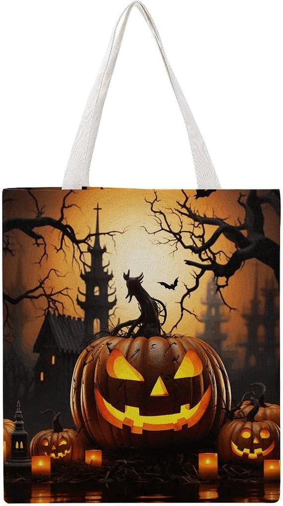 Cotton Canvas Tote Bags Heavy Duty Reusable Grocery Halloween Pumpkin Shopping Bag with Shoulder for Women Men Carry-All for Travel Beach Work Picnic Daily Essentials