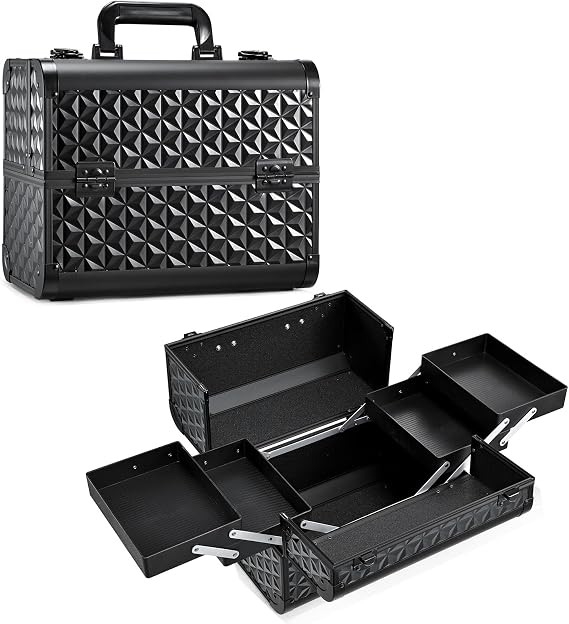 Professional Vanity Case Large Makeup Box Lockable Makeup Case Beauty Organiser Cosmetic Make Up Organiser Box 4 Trays with Keys