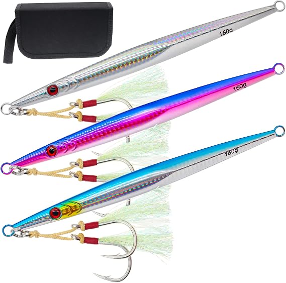 3pcs Saltwater Vertical Fishing Jigs Metal Jigging Spoon Speed Fast Deep Sea Jigging Fishing Lures Luminous Lead Jigs with Assist Hooks for Tuna,Bass,Dogtooth,Grouper/4.58oz/5.29oz/5.64oz