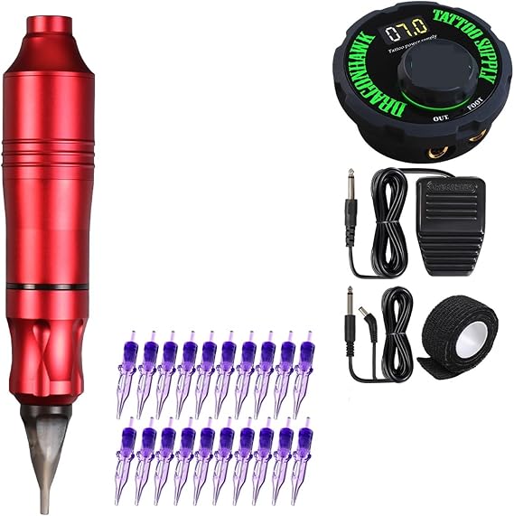 Tattoo Kits Tattoo Rotary Machine Pen Style Set Tattoo Kit LCD Power Pedal Tattoo Supply Permanent Makeup Machine Assortment For Beginner(Color:With Needles)