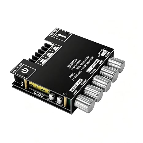 Bluetooth 5.0 Amplifier Board 2.1 Channel, 50W×2+100W Subwoofer Output, TPA3116D2 Digital Amp Module, DC 12V-24V, Treble Bass Control, AUX Input for DIY Home Theater Speakers