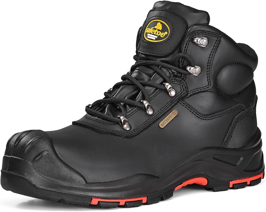 Safetoe Safety Boots M-8552 Men's Wide Fit Composite Toe Work Boots ESD Anti-Static Water Resistant Cowhide Heavy Duty Anti-Nail Composite Plate Non-Slip PU Rubber Sole S3 SRC