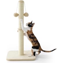 LE SURE Cat Scratching Post Indoor - 36x36x74cm Tall Sisal Scratch Post with Hanging Toy Ball, Scratching Posts for Indoor Cats Kittens with Stable Base, Beige