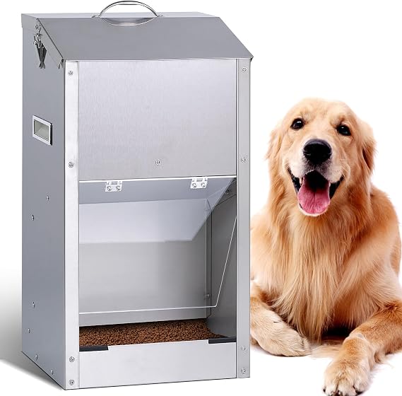 Automatic Dog Feeder Large Breed Outdoor Auto Dog Food Dispenser 25lbs Large Capacity Stainless Steel Gravity Pet Feeder Dog Feeding Station Pet Dry Food Dispenser (M)