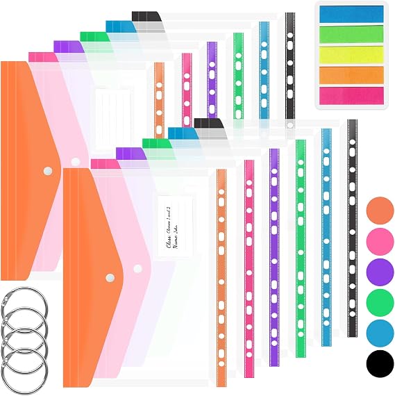 A4 Plastic Wallets – 12 Pack Punched Pockets Expandable Document Folders with Button, Colorful Punched Pockets, Tab Card & 4-Ring Binders for School, Office, Home, and Travel (Horizontal)