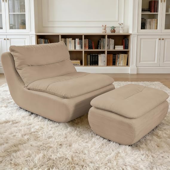 Big Bean Bag Couch with Ottoman, Large Memory Foam Lazy Floor Sofa for Adults Kids, Indoor Lounge Chair for Bedroom Living Room (Khaki)