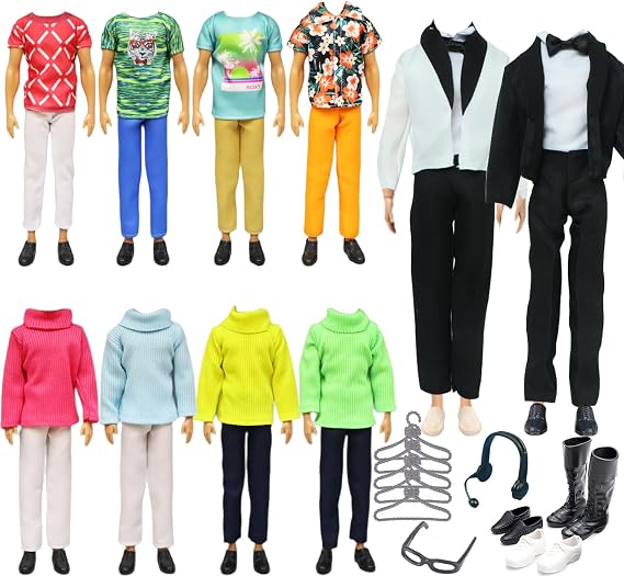Doll Clothes Compatible with Ken Doll Clothes, Including 1 Suit Set, 1 Sweater Pant 3 Tops 3 Pants, 6 Pair Shoes 5 Hangers 1 Earphone 1 Glasses for Kids Boys Girls Party Play(Random Style)