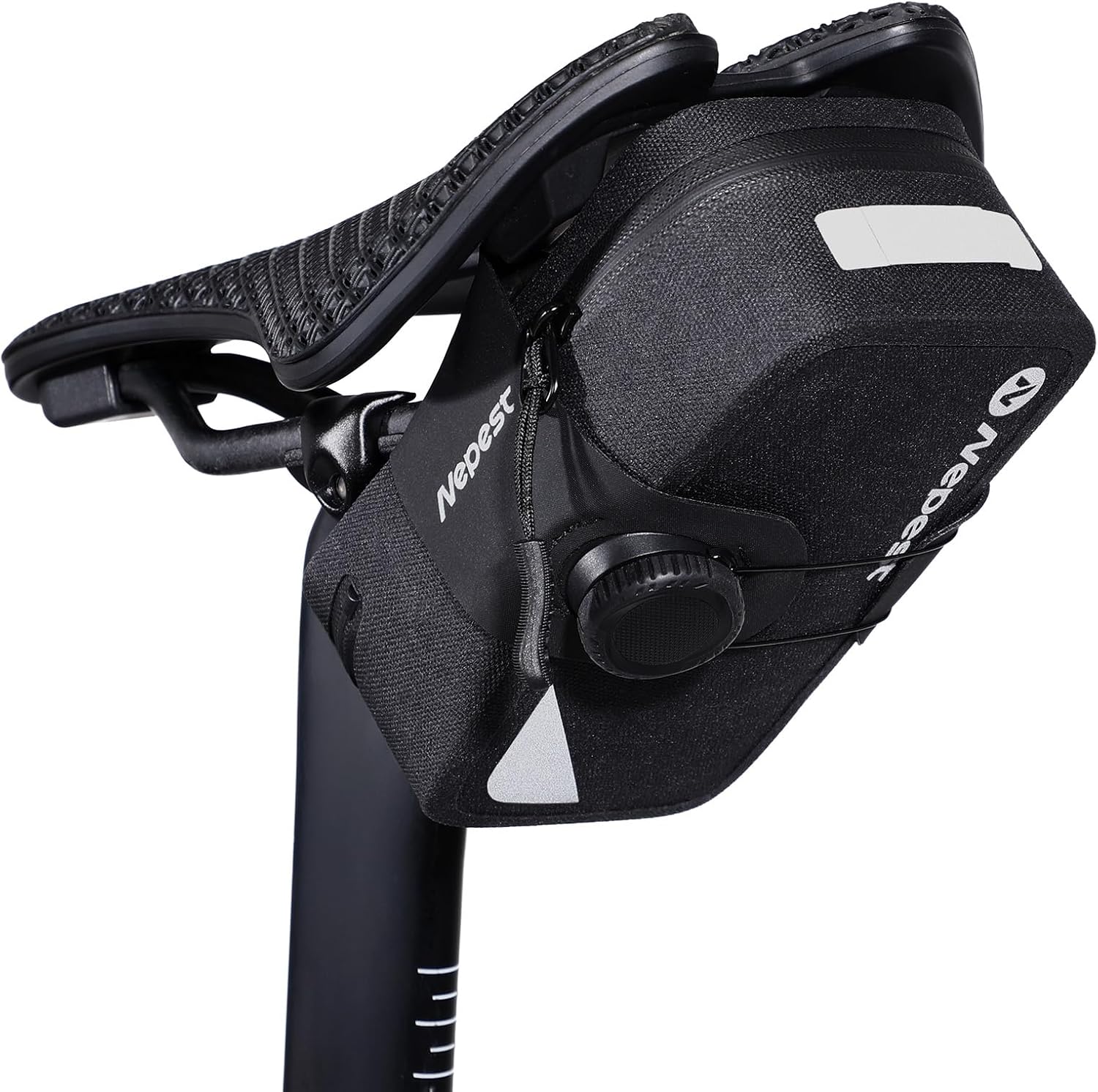 Nepest Bike Saddle Bag with Knob Closure - Waterproof 0.6L Bike Seat Bag, Reflective Under Seat Pouch for Road, Gravel, Mountain Bikes | Easy Access & Secure Cycling Tail Bag, Black