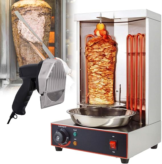 Vertical Shawarma Grill Machine, Electric Kebab Gyro Rotisserie Broiler with 2 Heating Tubes and Meat Catch Pan, Barbecue Stove Cutter