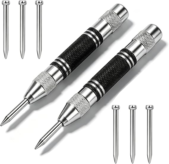 GIONAR 2 Pack Center Punch, Automatic Centre Punch with 6 Replacement Tips, Spring Loaded Centre Punch, High-Speed Steel Material, for Glass Wood Thin Steel Sheets