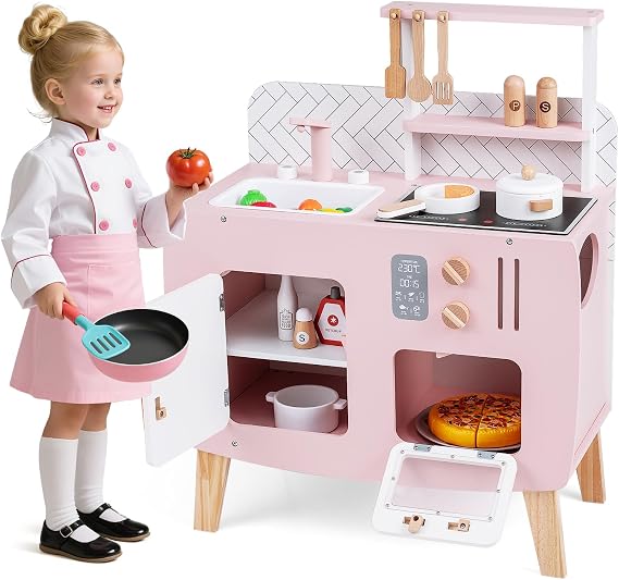 HOMASIS Play Kitchen with 7 Accessories Children's Kitchen with Sink Stove & Oven Small Wooden Toy Kitchen Children's Play Kitchen with Cabinet 3 Hooks & 2 Shelves Wooden Kitchen Corner Kitchen