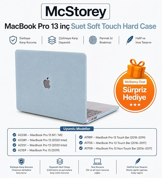 McStorey MacBook Pro 13 Süet Dokulu Kılıf A1706 A1708 A1989 A2159 A2251 A2289 A2338 M1 M2 Uyumlu İnce Hafif Sert Kılıf Koruyucu Kapak Açık Mavi