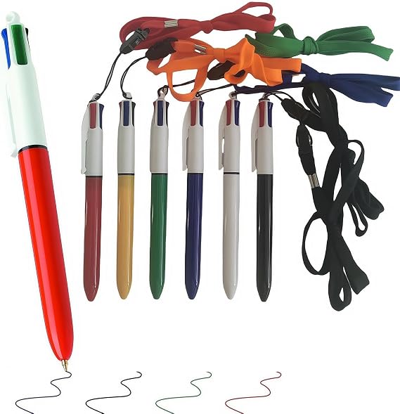 Omeblos 4 Colour Pen,Biro Pens,Multi Coloured Pens All in One, Multicoloured Pen,with 40cm Lanyard 0.5mm Smooth Writing for Office Home School Stationery Supplies Students Adults Children Gift 6 Pack