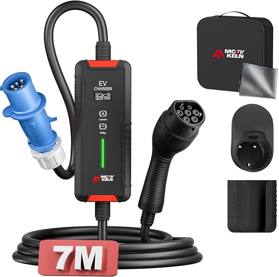 EV Charger Type 2 to CEE Plug- 7M Type 2 EV Charger| 7KW 32A| Mode 3 EV Charging Cable | 6-32A Switchable Current| Delay Timer |EV Mobile Charging Station for Electric Cars