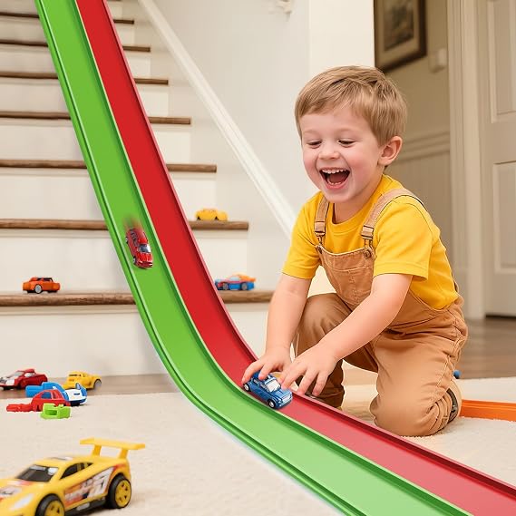 Flex Tracks 15ft Starter Kit, Flexible Race Track for Kids Ages 3+ with Strong Suction Cups, Flexible Highway, Racing Car Ramp Track, Compatible with 1/64 Diecast Cars, Portable