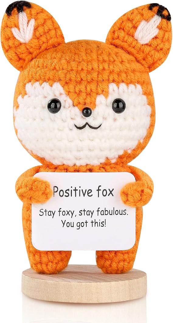 Mini Funny Positive Crochet Animals Fox, Cute Crochet Fox with Positive Card and Wooden Base, Handmade Emotional Support Gift, Positive Gifts for Women Girls Teens Friend