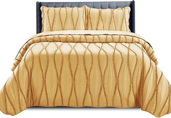 B&B New Quilted Bedspread Throw Embossed Pattern Frilled Bedspreads with Matching Pillow Cases - Luxury Bedspread Bed Throw Coverlets Bedding Set (Mustard, Single)
